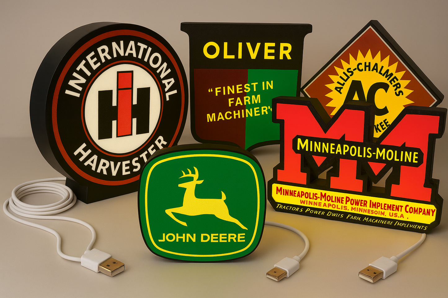 5 Lighted Farm Equipment Advertising Signs – Collectable - John Deere - Oliver Tractor - Minneapolis Moline - International Harvester -  Allis Chalmers
