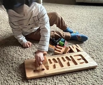 Personalized Wooden Name Puzzle – Custom Toddler Name Puzzle in Bus, Submarine or Classic Rectangle – 3" Tall Letters – Choose Pastel, Primary or Wood Stain Colors – Montessori Baby Gift