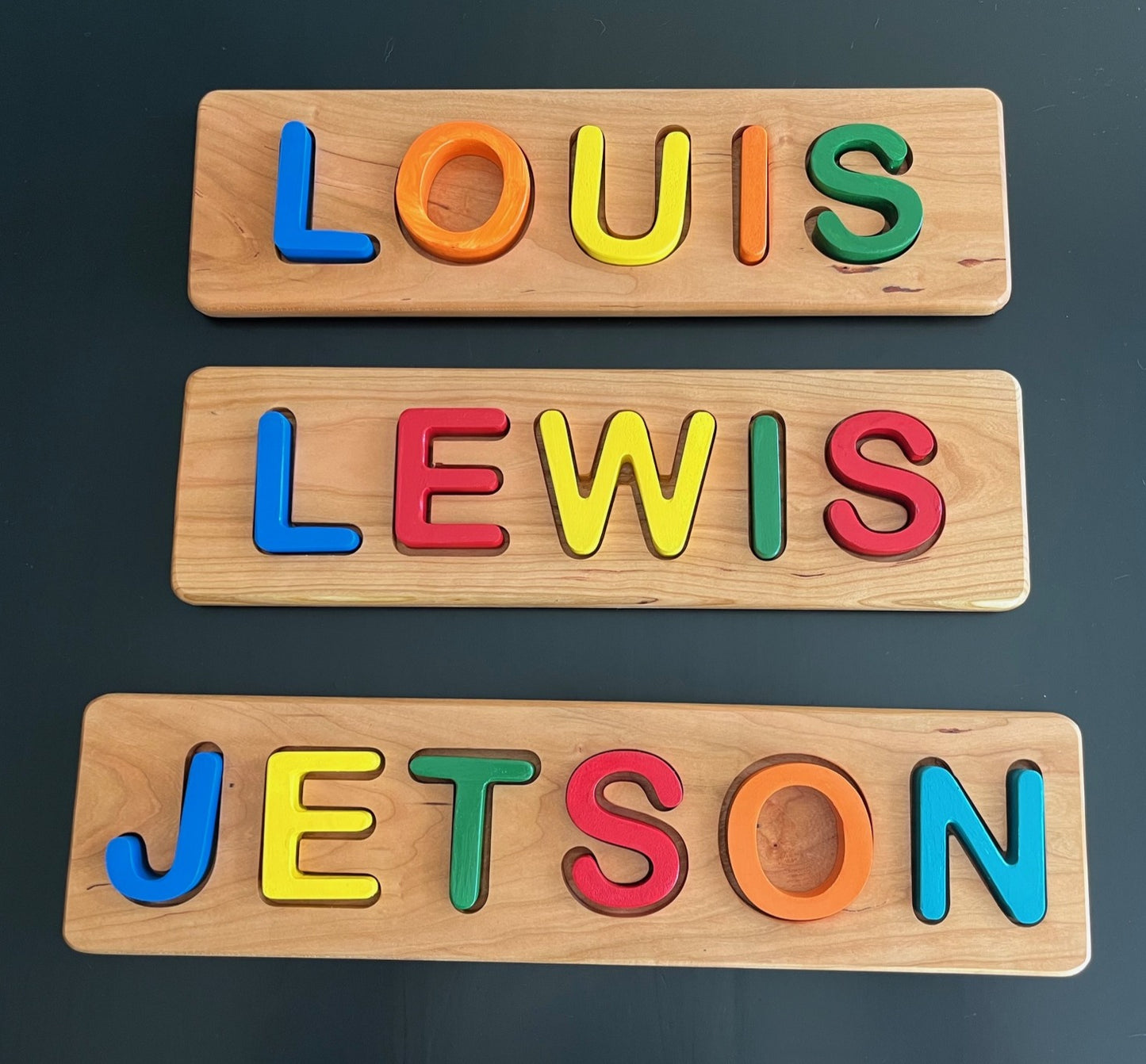Personalized Wooden Name Puzzle – Custom Toddler Name Puzzle in Bus, Submarine or Classic Rectangle – 3" Tall Letters – Choose Pastel, Primary or Wood Stain Colors – Montessori Baby Gift