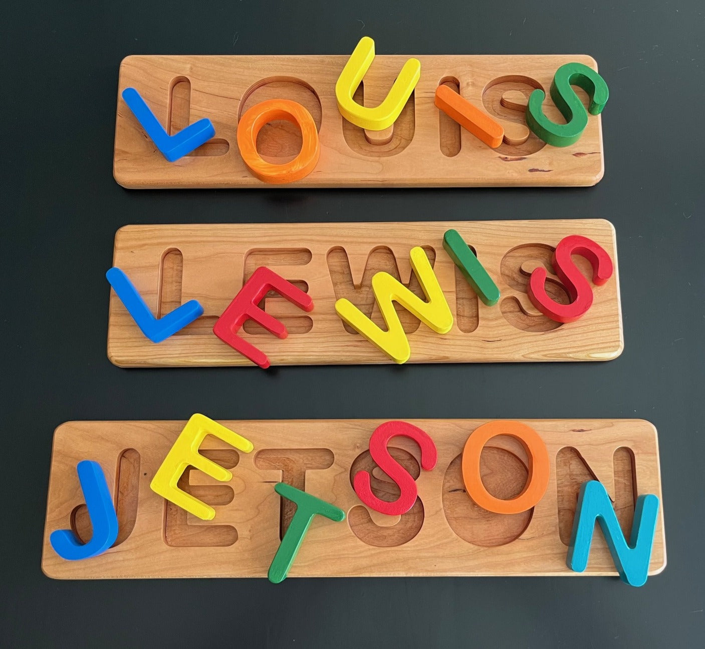 Personalized Wooden Name Puzzle – Custom Toddler Name Puzzle in Bus, Submarine or Classic Rectangle – 3" Tall Letters – Choose Pastel, Primary or Wood Stain Colors – Montessori Baby Gift