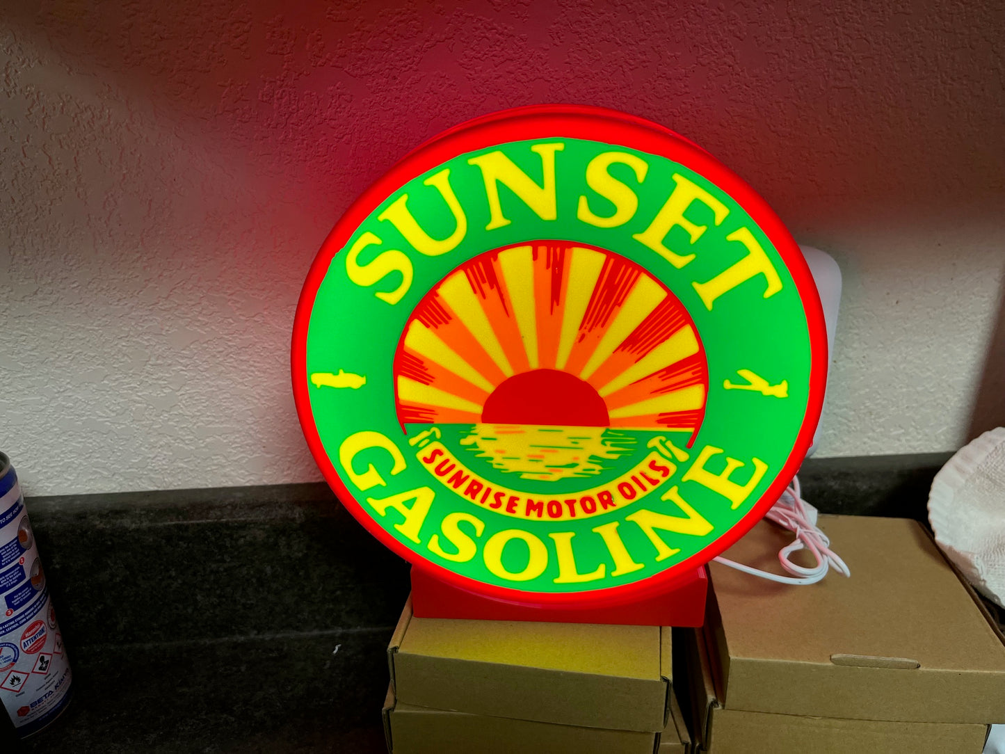 Lighted Sunset Gasoline Sign – Approx. 9" Wide – Vintage Style