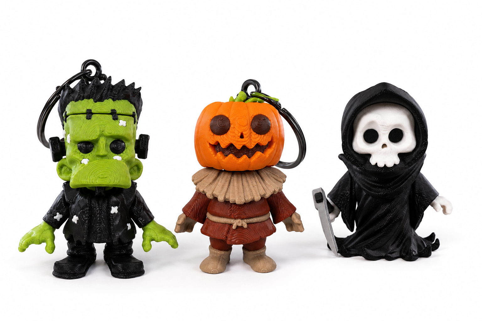 Halloween 3-Piece 3D Printed Collection – Fright Frankie & ScareCutie Articulated Keychains + Grisly Reaper Articulated Display Figure – Spooky Halloween Accessories & Décor – Made in USA