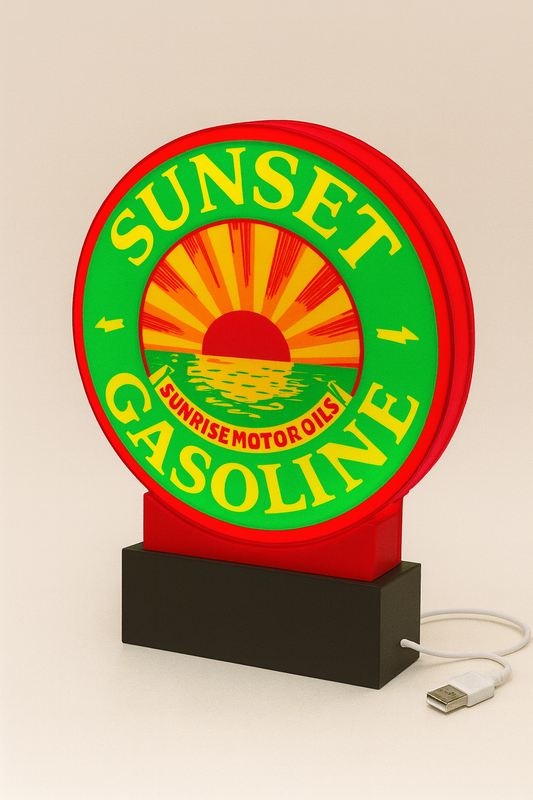 Lighted Sunset Gasoline Sign – Approx. 9" Wide – Vintage Style