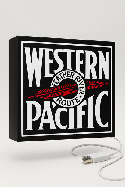 Lighted Western Pacific Railroad Sign – Approx. 9" Wide - Feather River Route
