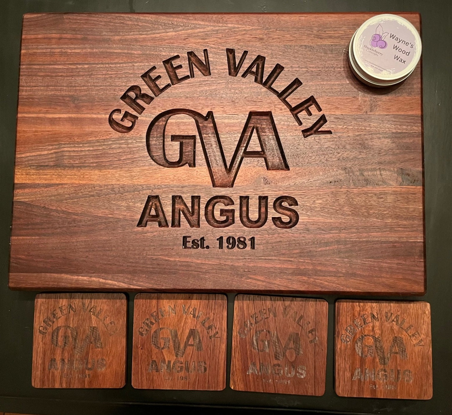 Matching cutting board and coasters