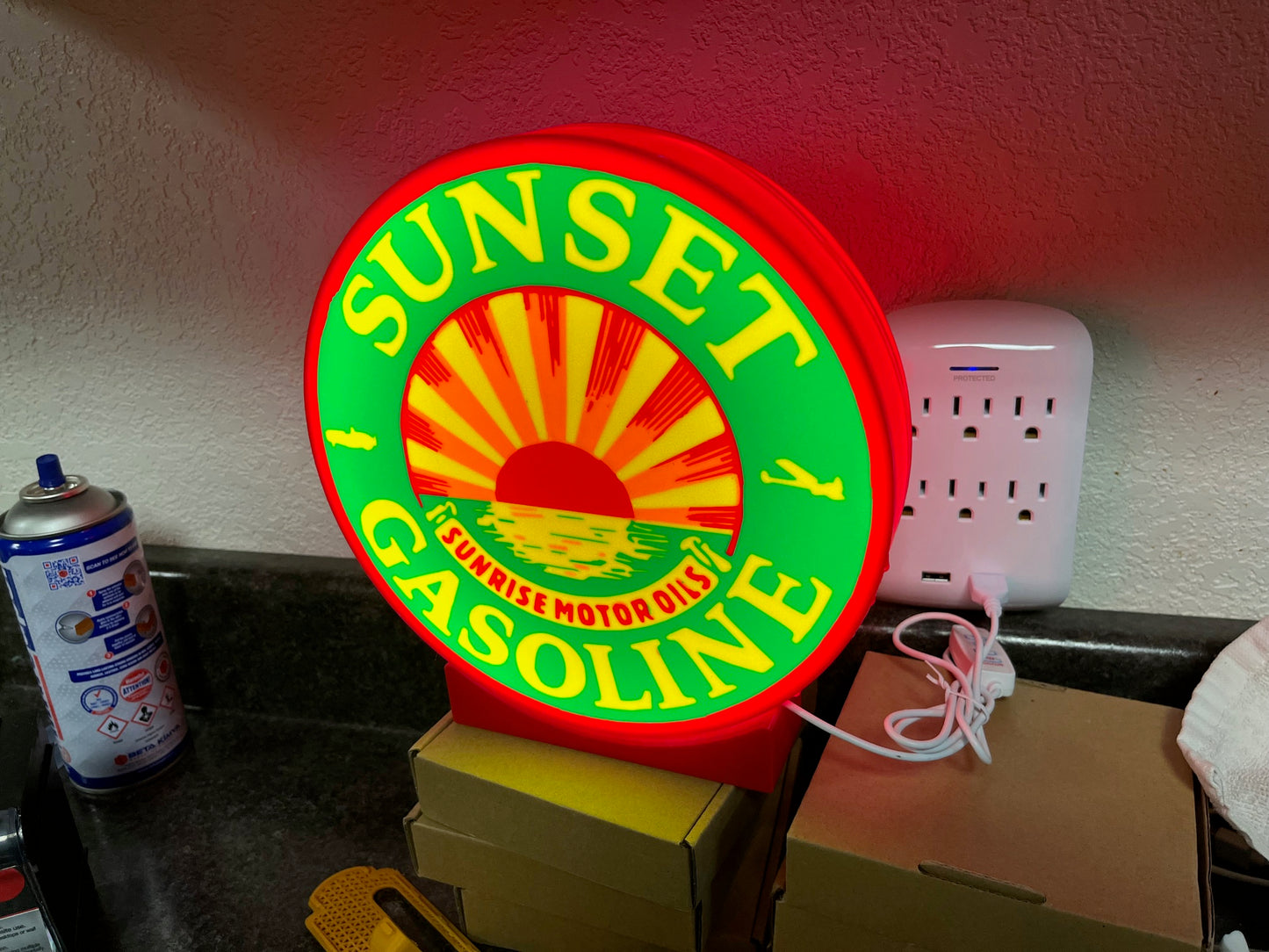 Lighted Sunset Gasoline Sign – Approx. 9" Wide – Vintage Style