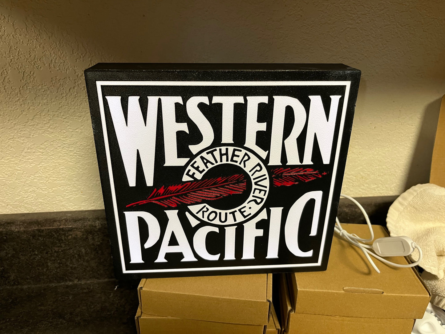 Lighted Western Pacific Railroad Sign – Approx. 9" Wide - Feather River Route