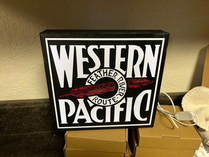 Lighted Western Pacific Railroad Sign – Approx. 9" Wide - Feather River Route