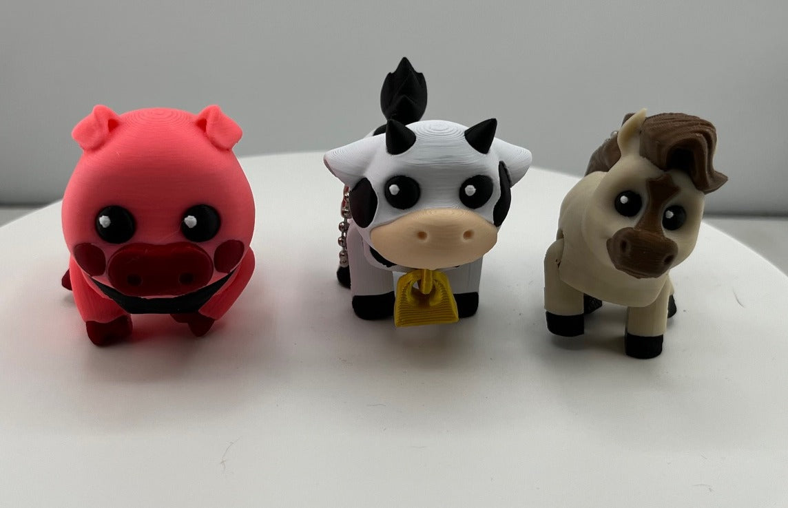 3 Pack Farm Animal Keychains – Articulated 3D Printed Pig, Cow & Horse Key Rings – Flexible Farm Animal Keychains for Keys, Backpacks & Bags