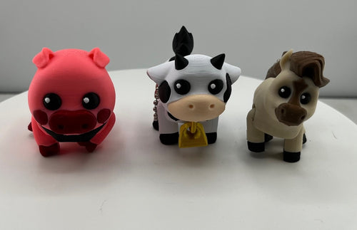 3 Pack Farm Animal Keychains – Articulated 3D Printed Pig, Cow & Horse Key Rings – Flexible Farm Animal Keychains for Keys, Backpacks & Bags