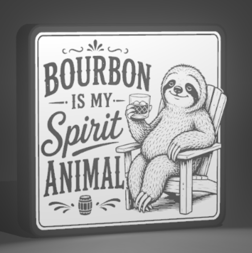 Bourbon Is My Spirit Animal Sign – 9 x 9 Inch 3D Printed Bourbon Decor – Funny Sloth Wall Sign – Bar, Man Cave, Whiskey Room or Shelf Decor – Bourbon Lover Gift