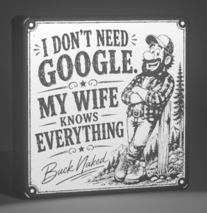 I Don’t Need Google My Wife Knows Everything Sign – Buck Naked 9 x 9 Inch 3D Printed Funny Husband Sign – Man Cave, Garage, Workshop or Shelf Decor – Funny Gift for Husband