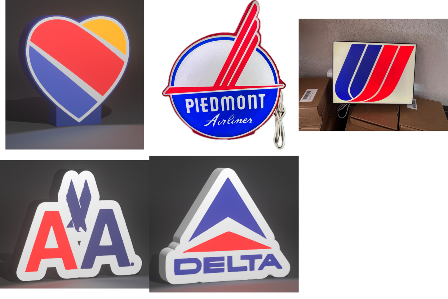 Vintage Airline LED Light Signs – Set of 5 (American, Delta, United, Southwest, Piedmont) USB Powered