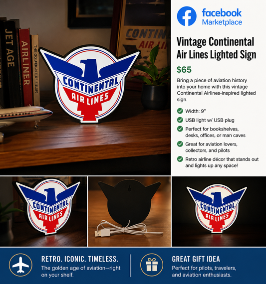 Vintage Continental Airlines LED Lighted Sign – USB Powered Aviation Decor – 9” Wide