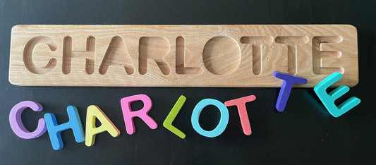 Personalized Wooden Name Puzzle – Custom Toddler Name Puzzle in Bus, Submarine or Classic Rectangle – 3" Tall Letters – Choose Pastel, Primary or Wood Stain Colors – Montessori Baby Gift
