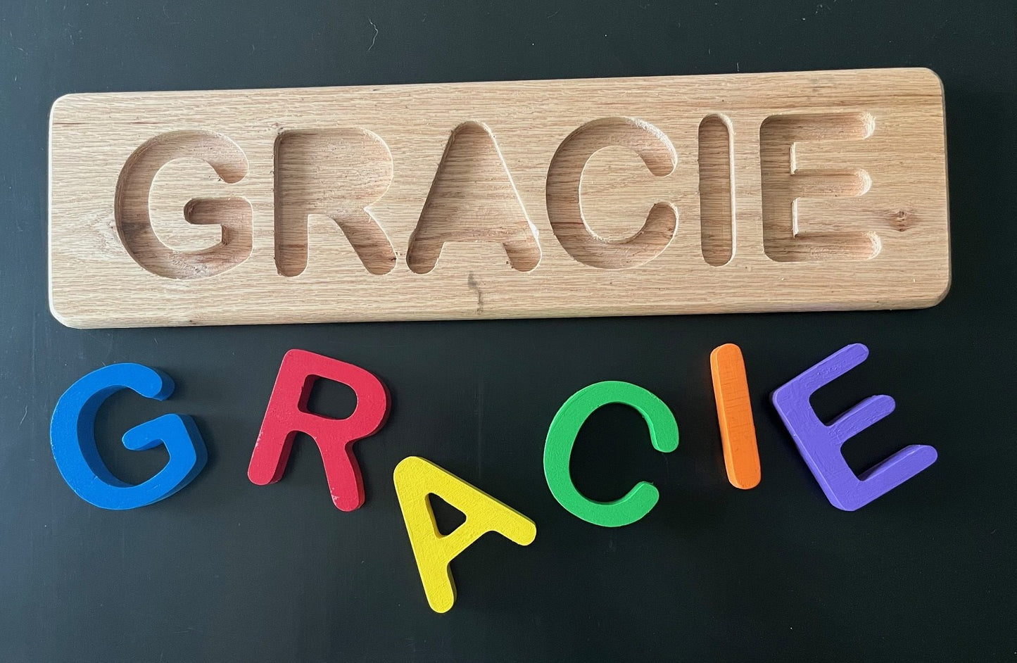 Personalized Wooden Name Puzzle – Custom Toddler Name Puzzle in Bus, Submarine or Classic Rectangle – 3" Tall Letters – Choose Pastel, Primary or Wood Stain Colors – Montessori Baby Gift