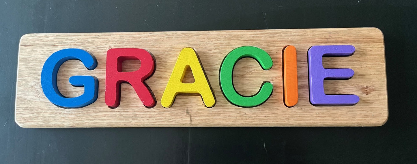 Personalized Wooden Name Puzzle – Custom Toddler Name Puzzle in Bus, Submarine or Classic Rectangle – 3" Tall Letters – Choose Pastel, Primary or Wood Stain Colors – Montessori Baby Gift