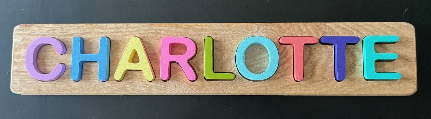 Personalized Wooden Name Puzzle – Custom Toddler Name Puzzle in Bus, Submarine or Classic Rectangle – 3" Tall Letters – Choose Pastel, Primary or Wood Stain Colors – Montessori Baby Gift
