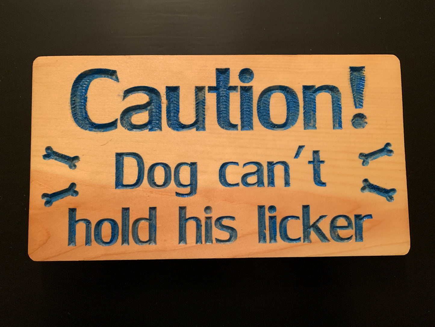 "Caution! Dog can't hold his licker" sign